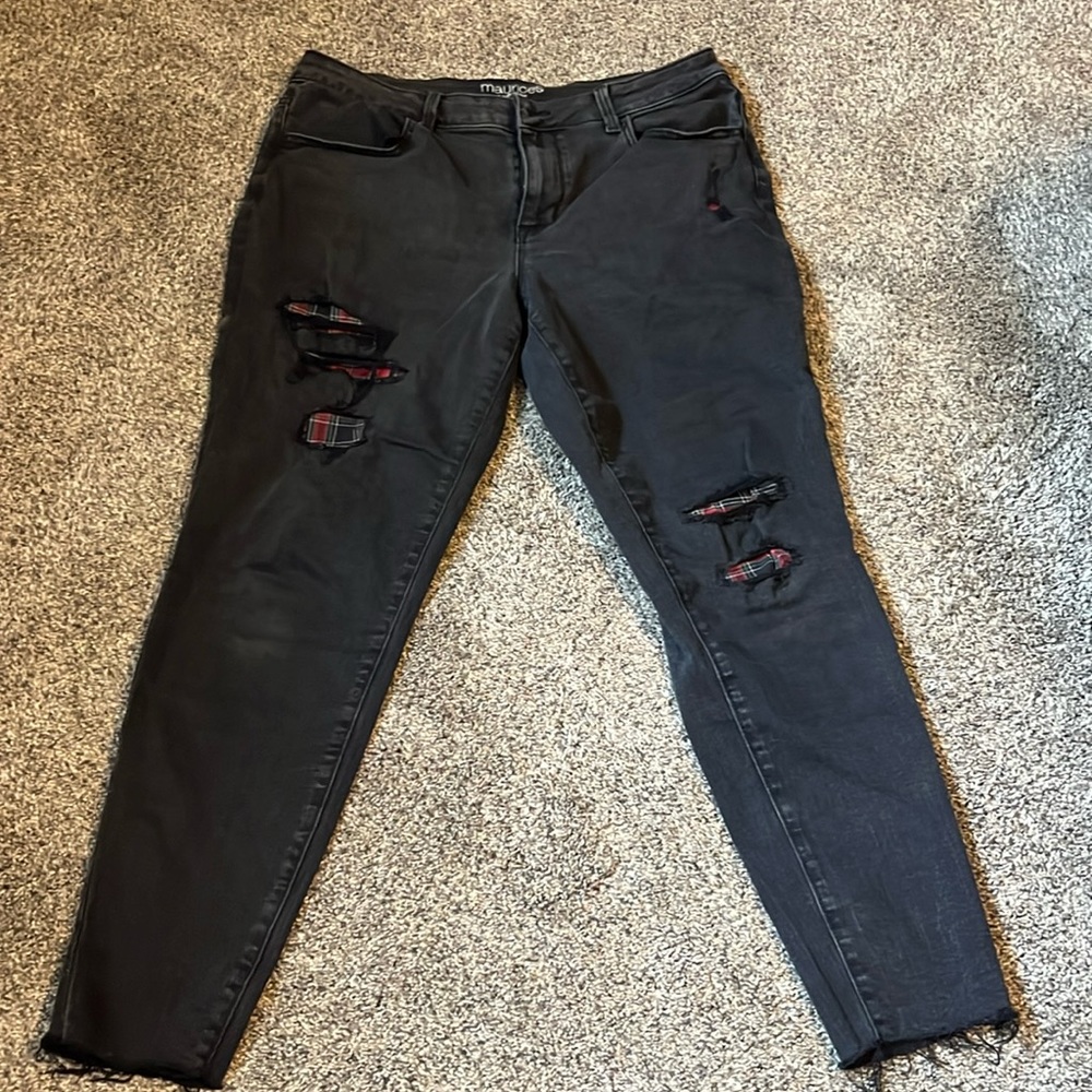 Maurice’s high rise black jeans with plaid patches